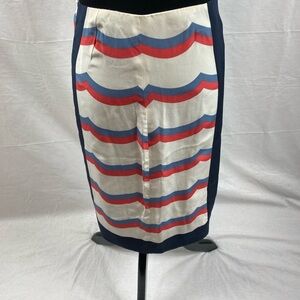 Worth New York Silk Skirt Coral Cornflower White Wave Scarf Border Print SZ 10